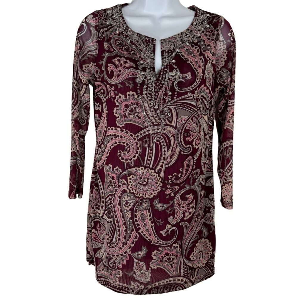 INC Burgundy Paisley Sheer Beaded V Neck 3/4 Sleeve Blouse Tunic Size Small EUC